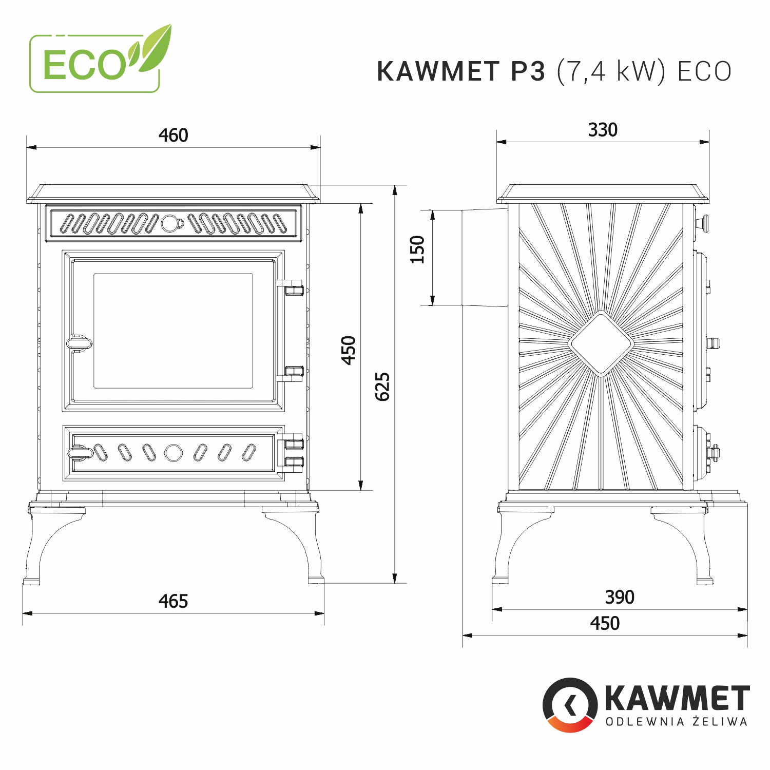 Piec wolnostojący żeliwny KAWMET P3 ECO 7,4kW
