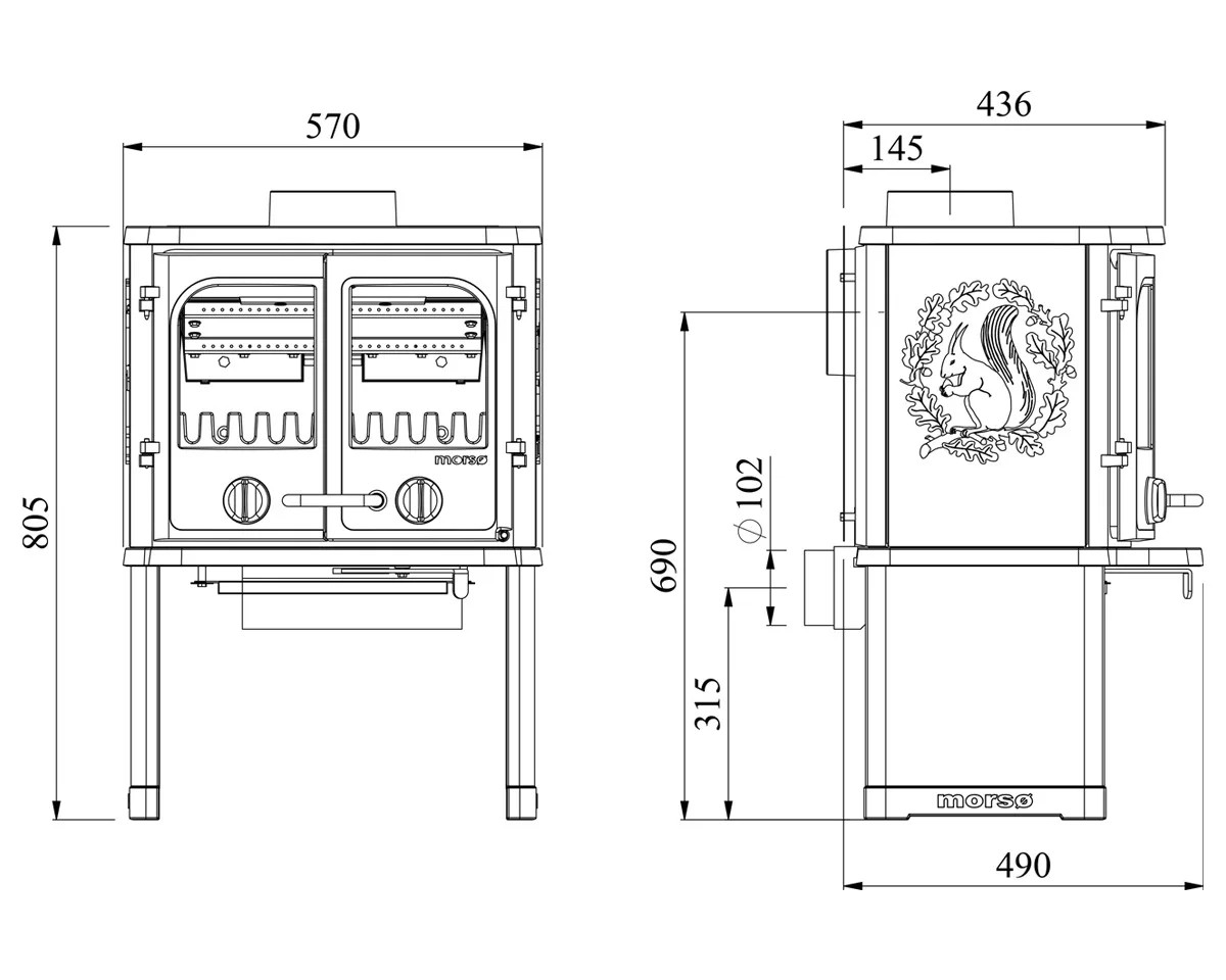 Piec wolnostojący żeliwny MORSO 2140 na szerokich nogach 5,5kW
